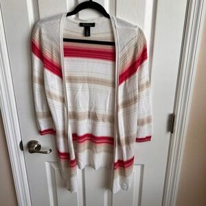 White‎ House Black Market Cardigan Small Striped Red Beige Open Front Knit